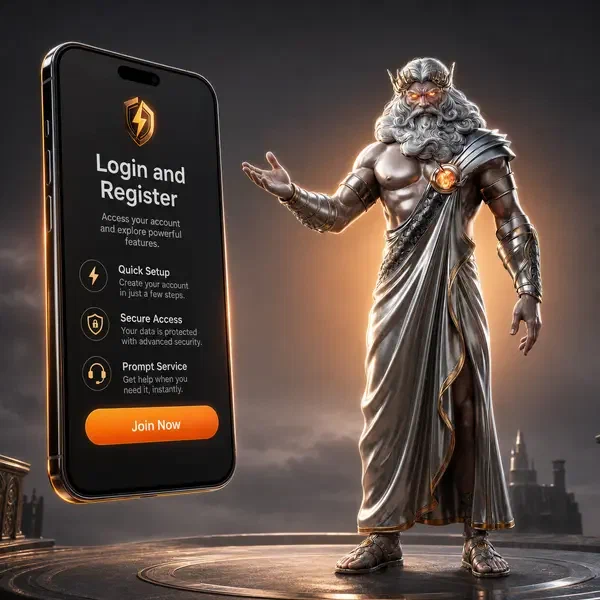 Storm Sovereign begeleidt spelerregistratie bij Winaura met zwevende smartphone-interface